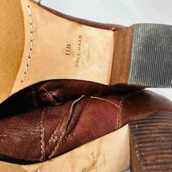 Cole Haan Grand OS Size 11B Boots Brown Leather Block Heel Buckle - Picture 11 of 12